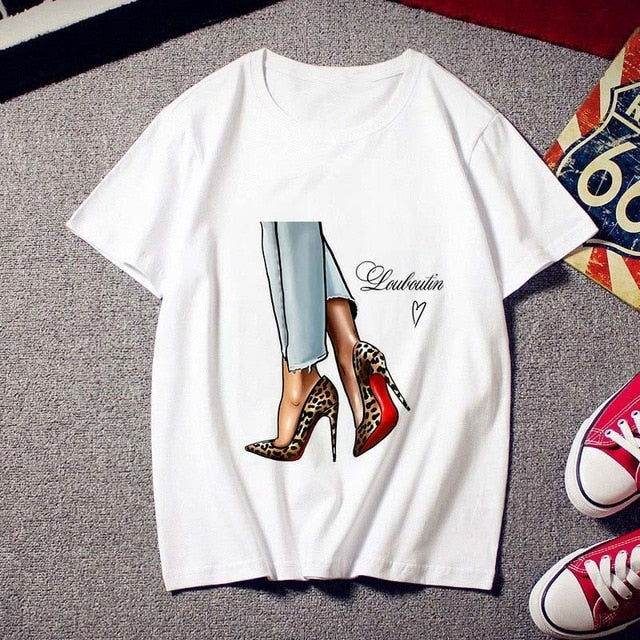 Fashion High heels printed Women T shirt Tees Tops clothing New Summer t-shirt Harajuku personality Thin section tshirt female