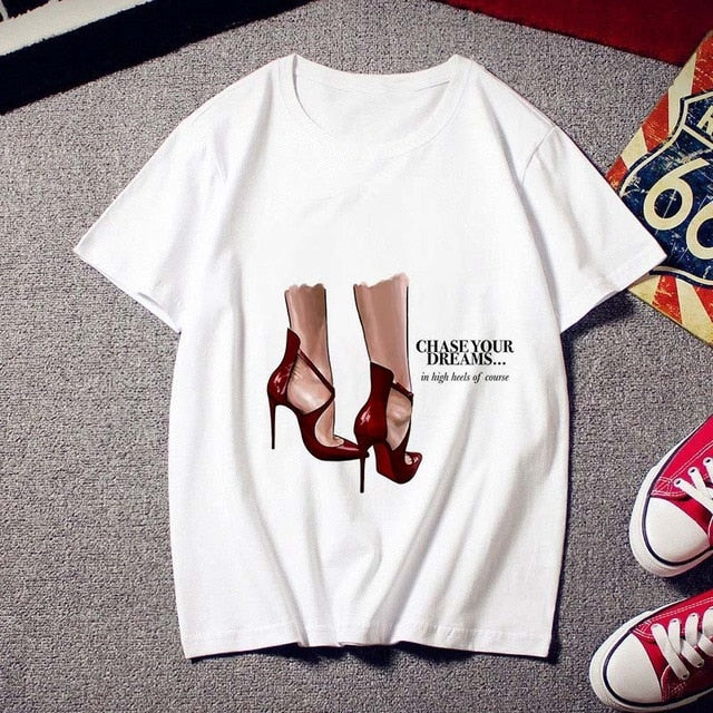 Fashion High heels printed Women T shirt Tees Tops clothing New Summer t-shirt Harajuku personality Thin section tshirt female