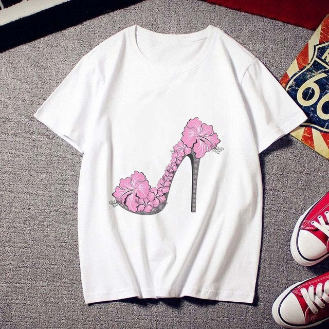 Fashion High heels printed Women T shirt Tees Tops clothing New Summer t-shirt Harajuku personality Thin section tshirt female