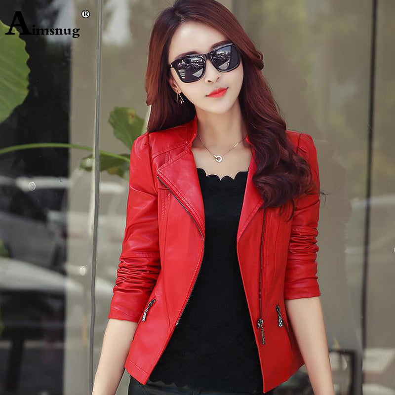 Aimsnug Faux Pu Leather Jacket Women Red Black 2019 Autumn Outerwear Pockets Zipper Office Lady Coat Slim Ladies Biker Jackets