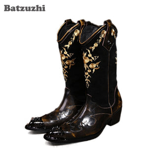 Batzuzhi Super Cool! Rock personality Man boots knight Motocycle boots Leather cowboy boots for Man, Man Leather Shoes, EU38-46!