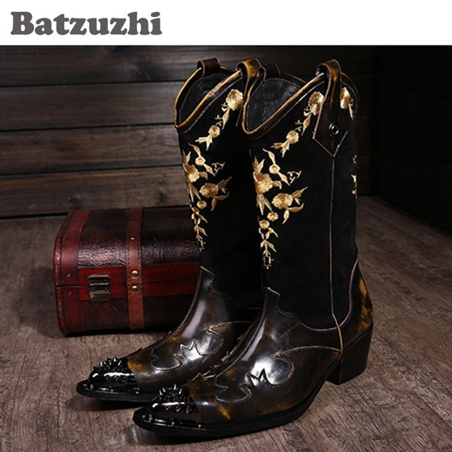 Batzuzhi Super Cool! Rock personality Man boots knight Motocycle boots Leather cowboy boots for Man, Man Leather Shoes, EU38-46!