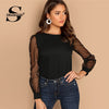 Sheinside Black Women Blouse Pearl Beaded Mesh Sleeve Top Ladies Long Sleeve Shirts Elegant Womens Clothing Tops And Blouses