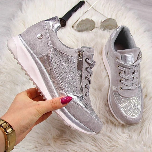 Women Shoes Gold Sneakers Zipper Platform Trainers Women Shoes Casual Lace-Up Tenis Feminino Zapatos De Mujer Womens Sneakers