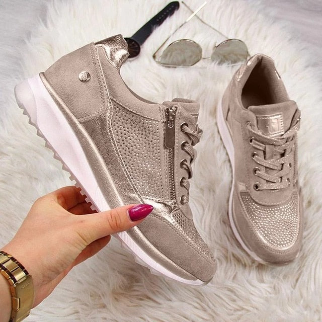 Women Shoes Gold Sneakers Zipper Platform Trainers Women Shoes Casual Lace-Up Tenis Feminino Zapatos De Mujer Womens Sneakers