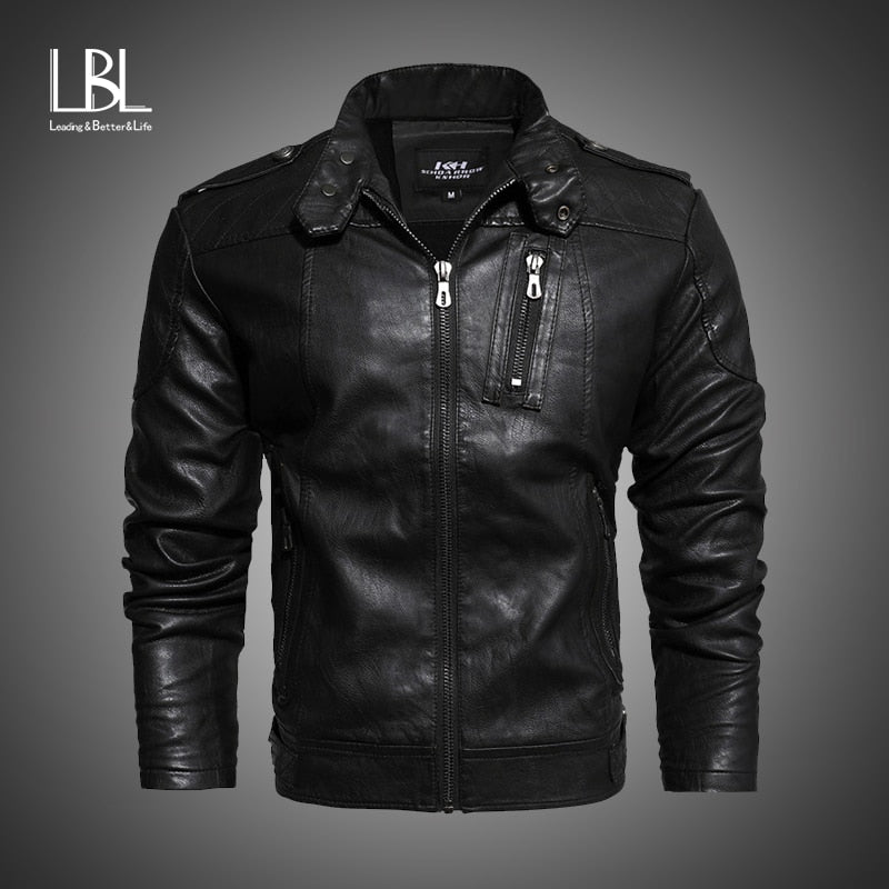 2019 Fashion Brand Clothes Men's Leather Jacket Casual Solid Leather Jackets Stand Collar Windbreaker Zipper Leather Jacket Men