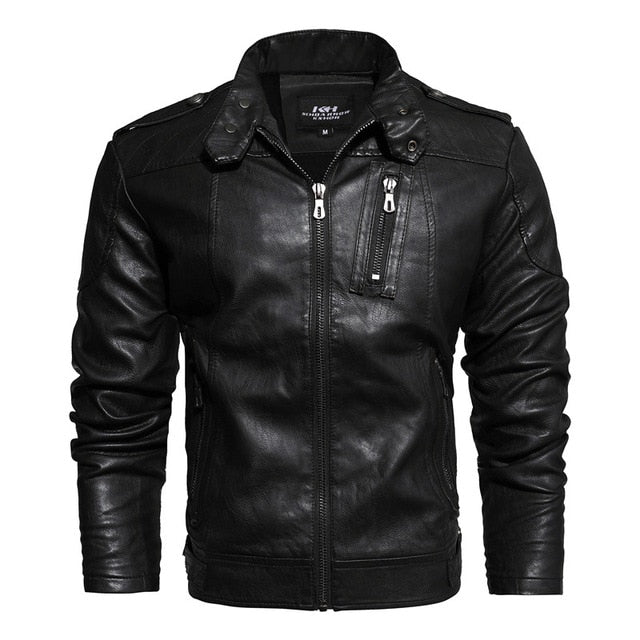 2019 Fashion Brand Clothes Men's Leather Jacket Casual Solid Leather Jackets Stand Collar Windbreaker Zipper Leather Jacket Men