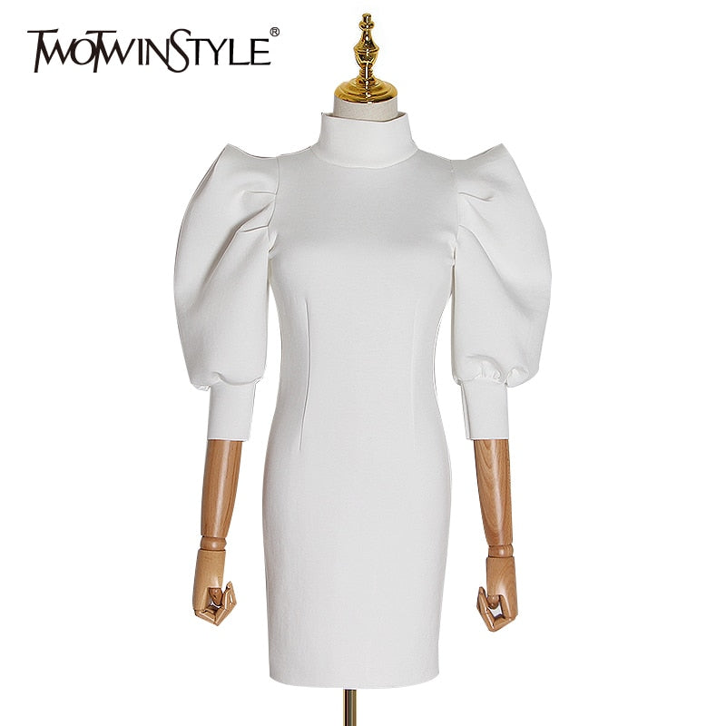 TWOTWINSTYLE Casual Slim Dress Women Stand Collar Puff Half Sleeve High Waist Midi Dresses For Female Fashion 2020 Clothing Tide