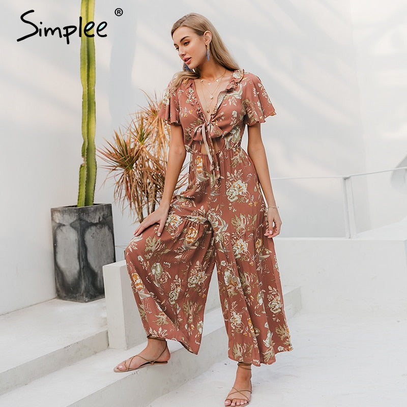 Simplee Deep v neck floral print women jumpsuits Ruffle bow tie high waist female jumpsuit romper Holiday summer ladies overalls