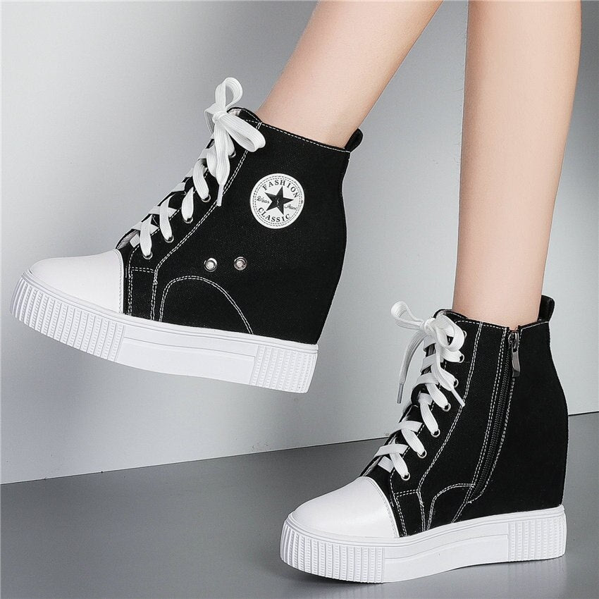 Tennis Shoes Women Leather Wedges High Heel Pumps Fashion Sneakers High Top Platform Trainers Lace Up Canvas Vulcanized Shoes