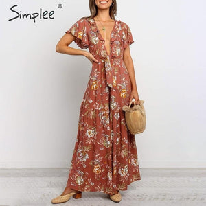 Simplee Deep v neck floral print women jumpsuits Ruffle bow tie high waist female jumpsuit romper Holiday summer ladies overalls