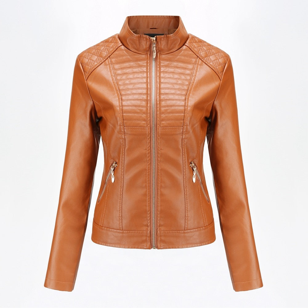 2019 Spring Autumn black leather jacket women biker jacket leather coat women Good Quality Womens PU faux leather  yellow Beige