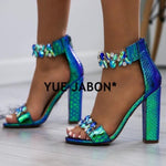 Women Heeled Sandals Big Rhinestone Ankle Strap Pumps Square Heels Lady Shoes Elegant Party Shoes Women High Heels plus size 43