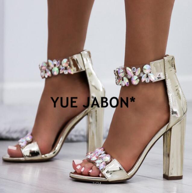 Women Heeled Sandals Big Rhinestone Ankle Strap Pumps Square Heels Lady Shoes Elegant Party Shoes Women High Heels plus size 43