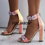 Women Heeled Sandals Big Rhinestone Ankle Strap Pumps Square Heels Lady Shoes Elegant Party Shoes Women High Heels plus size 43