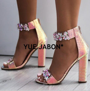 Women Heeled Sandals Big Rhinestone Ankle Strap Pumps Square Heels Lady Shoes Elegant Party Shoes Women High Heels plus size 43