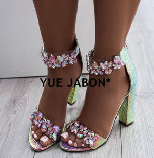 Women Heeled Sandals Big Rhinestone Ankle Strap Pumps Square Heels Lady Shoes Elegant Party Shoes Women High Heels plus size 43