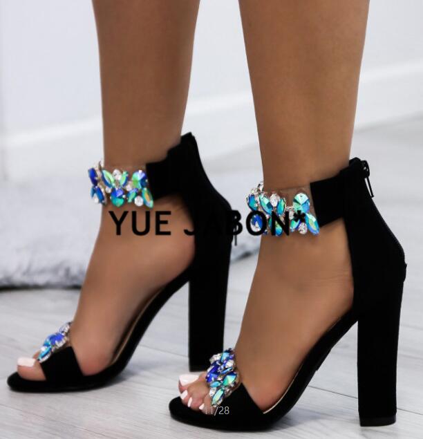 Women Heeled Sandals Big Rhinestone Ankle Strap Pumps Square Heels Lady Shoes Elegant Party Shoes Women High Heels plus size 43