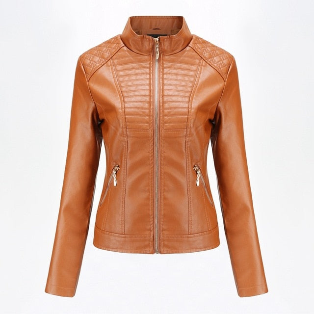 2019 Spring Autumn black leather jacket women biker jacket leather coat women Good Quality Womens PU faux leather  yellow Beige