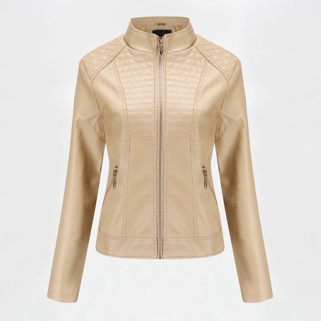 2019 Spring Autumn black leather jacket women biker jacket leather coat women Good Quality Womens PU faux leather  yellow Beige