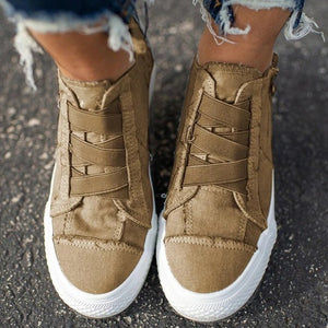 Women flat shoes canvas spring autumn women vulcanize shoes sneaker ankle side zipper high top canvas shoes ladies shoes