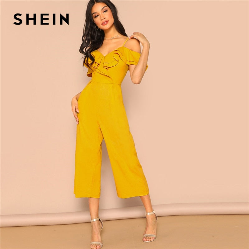 SHEIN Cold Shoulder Layered Flounce Foldover Palazzo Jumpsuit Party Ruffle Spaghetti Strap Sleeveless Women Summer Jumpsuits