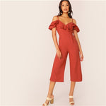 SHEIN Cold Shoulder Layered Flounce Foldover Palazzo Jumpsuit Party Ruffle Spaghetti Strap Sleeveless Women Summer Jumpsuits