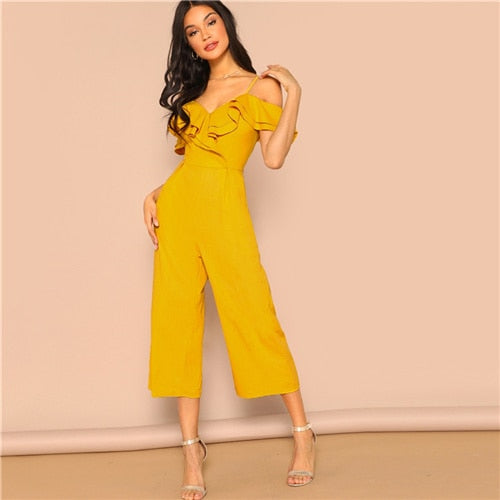 SHEIN Cold Shoulder Layered Flounce Foldover Palazzo Jumpsuit Party Ruffle Spaghetti Strap Sleeveless Women Summer Jumpsuits