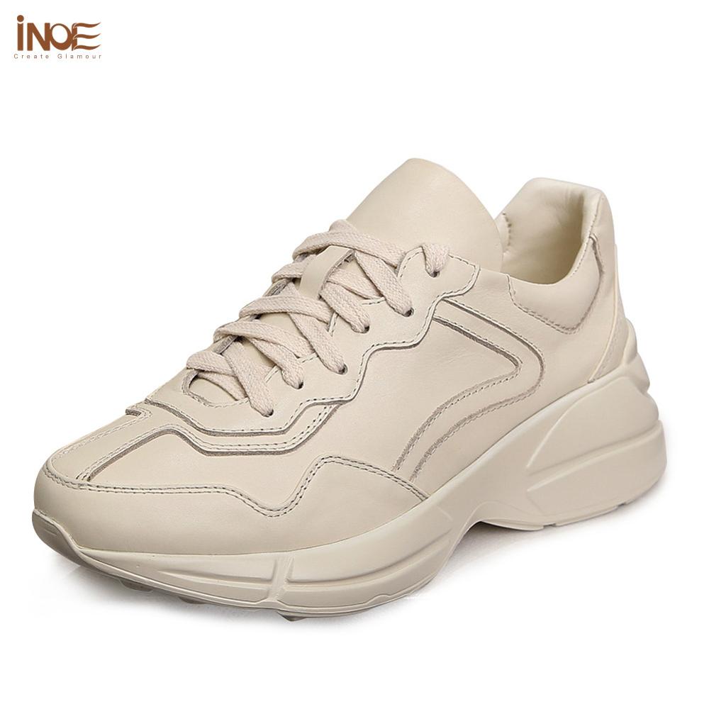 INOE New Fashion Spring Genuine Cow Leather Women Casual Sneakers Shoes Autumn Flats Girls for Walking Shoes Lace Up Rubble Sole