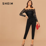 SHEIN Black Off Shoulder Lace Bodice Self Belted Jumpsuit Women Autumn Solid High Waist Skinny Party Glamorous Jumpsuits