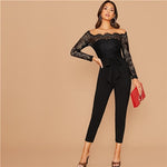 SHEIN Black Off Shoulder Lace Bodice Self Belted Jumpsuit Women Autumn Solid High Waist Skinny Party Glamorous Jumpsuits