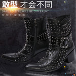 Spring and autumn fashion singer model personality high heel pointed Black Leather Boots Men's high quality customized rivet sho