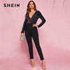 SHEIN Black Glamorous Zip Back Plunge Neck Sequin Skinny Combo Jumpsuit Women Spring Colorblock Wrap High Waist Sexy Jumpsuits