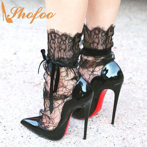 Red Bottom Black Stilettos High Heels Pumps Pointed Toe Slip On Women Shoes Large Size 13 15 Ladies Fashion Mature Sexy Shofoo