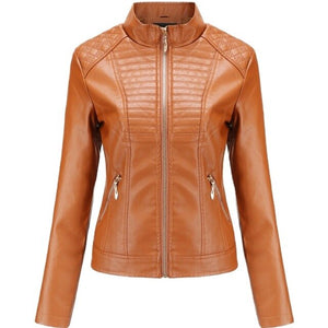 2020 autumn women casual PU leather jackets plus size solid stand collar slim female biker jacket zipper outwear leren jas dames