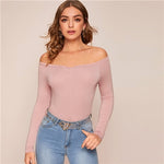 SHEIN Off Shoulder Slim Fitted Top Women Elegant Tees Autumn Long Sleeve Office Ladies Solid Skinny T-shirts