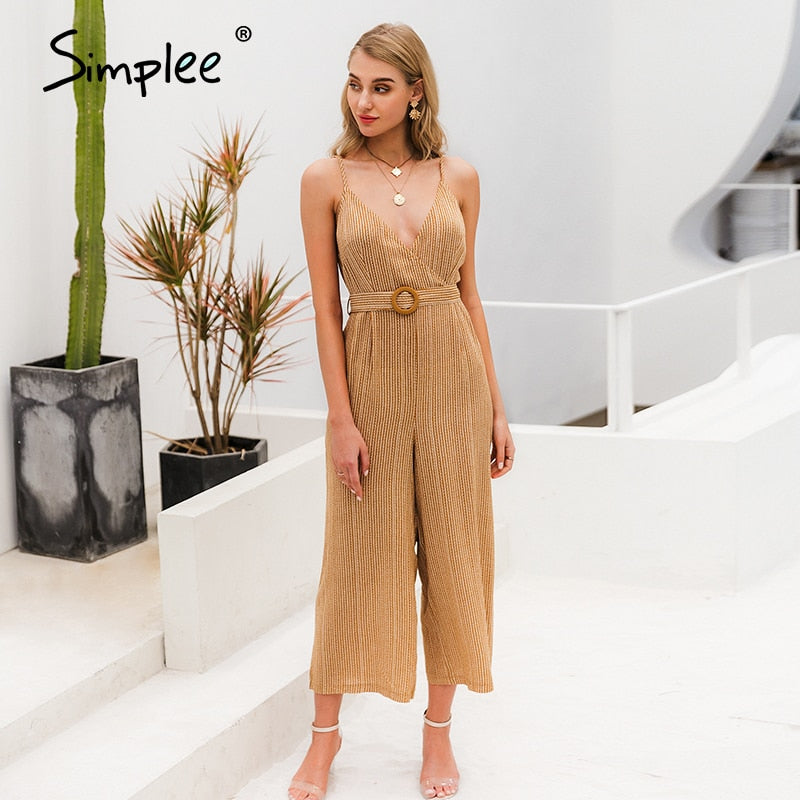 Simplee Vintage sash belt striped women jumpsuit V neck spaghetti straps female jumpsuit romper Spring summer wide leg overalls