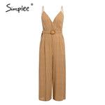 Simplee Vintage sash belt striped women jumpsuit V neck spaghetti straps female jumpsuit romper Spring summer wide leg overalls