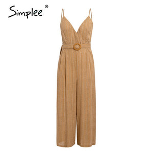 Simplee Vintage sash belt striped women jumpsuit V neck spaghetti straps female jumpsuit romper Spring summer wide leg overalls