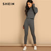 SHEIN Grey Turtleneck Rib-knit Drop Shoulder Crop Top and Leggings Two Piece Sets Women Spring Casual Streetwear Two Piece Set