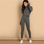 SHEIN Grey Turtleneck Rib-knit Drop Shoulder Crop Top and Leggings Two Piece Sets Women Spring Casual Streetwear Two Piece Set