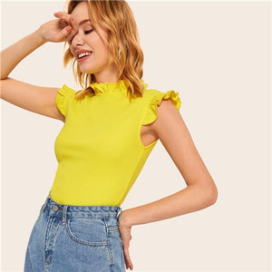 SHEIN Frilled Trim Keyhole Back Slim Fitted Tee Sleeveless T-shirt Women Summer Elegant Solid Stand Collar Tshirt Tops