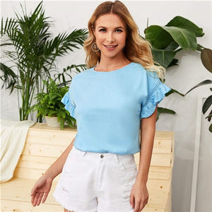 SHEIN Ruffle Trim Guipure Lace Detail White T Shirt Ladies Tops Summer Casual Cute Solid Short Sleeve Stretchy Women Tshirt