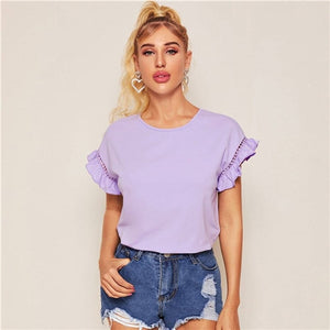 SHEIN Ruffle Trim Guipure Lace Detail White T Shirt Ladies Tops Summer Casual Cute Solid Short Sleeve Stretchy Women Tshirt