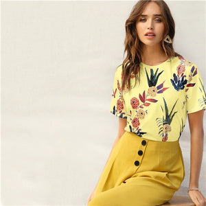 SHEIN Floral And Plants Print Womens Shirts Summer Short Sleeve Casual Basic Streetwear Pullovers White T Shirt Tops