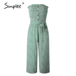 Simplee Strapless floral print women jumpsuit High waist bow tie cotton jumpsuit romper Casual buttons wide leg ladies overalls