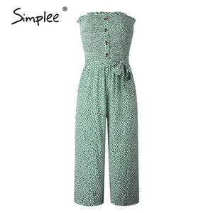 Simplee Strapless floral print women jumpsuit High waist bow tie cotton jumpsuit romper Casual buttons wide leg ladies overalls