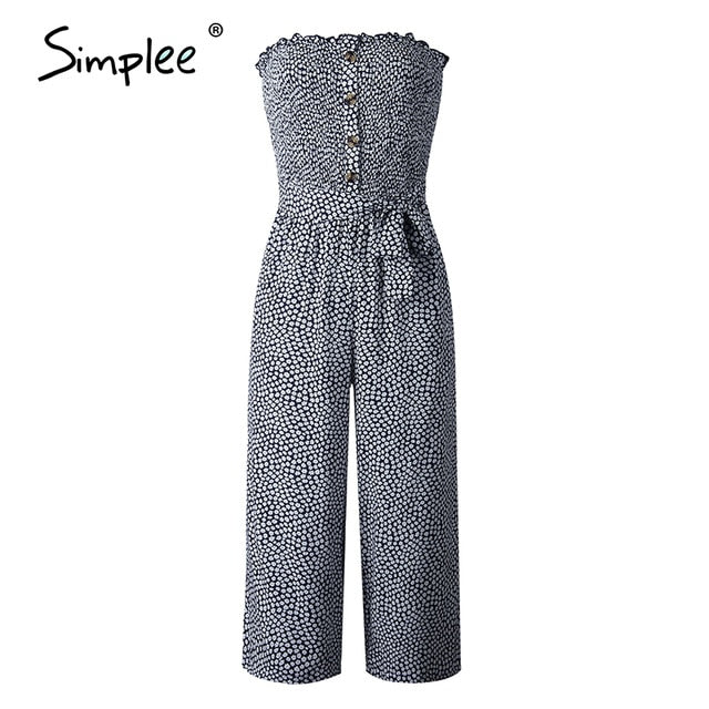 Simplee Strapless floral print women jumpsuit High waist bow tie cotton jumpsuit romper Casual buttons wide leg ladies overalls