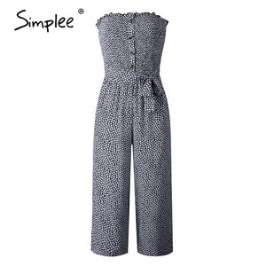 Simplee Strapless floral print women jumpsuit High waist bow tie cotton jumpsuit romper Casual buttons wide leg ladies overalls