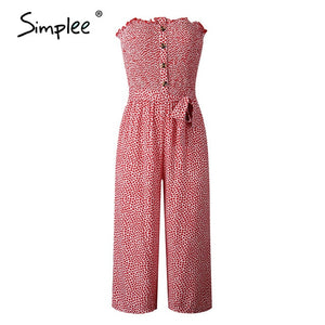 Simplee Strapless floral print women jumpsuit High waist bow tie cotton jumpsuit romper Casual buttons wide leg ladies overalls